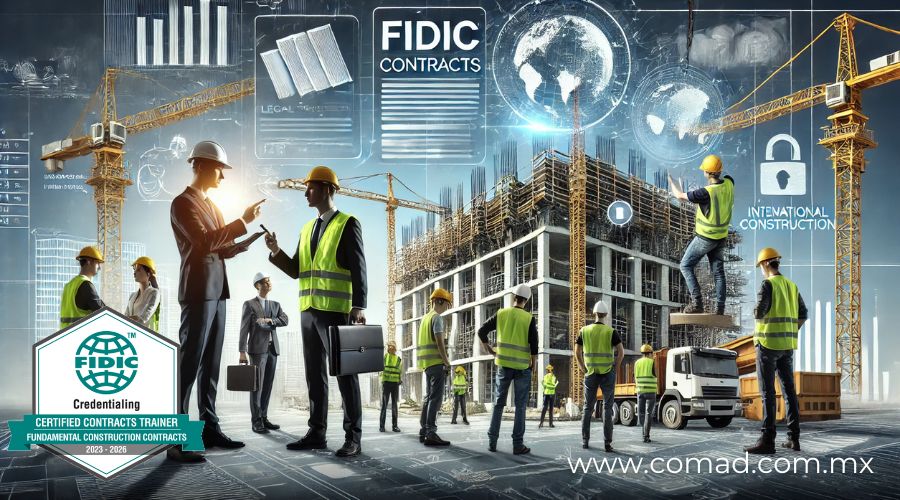 Imagen de un sitio de construcción moderno con trabajadores, un asesor legal y un constructor discutiendo contratos FIDIC, con tecnología avanzada y grúas de fondo.