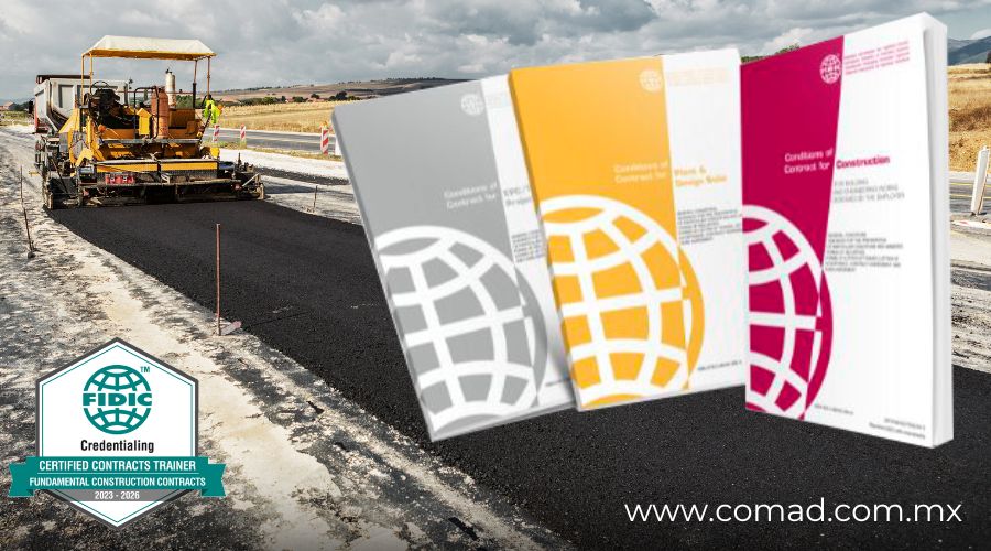 Representación de un proyecto de construcción internacional con planos, trabajadores y un contrato FIDIC, destacando la colaboración y la gestión eficiente.