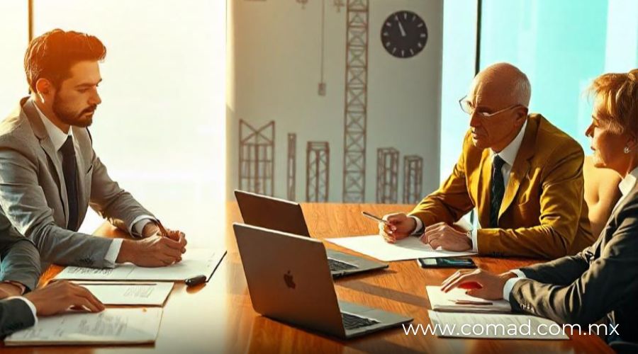 Ejecutivos y abogados negociando un contrato de construcción con planos y documentos en la mesa, destacando estrategias clave para acuerdos justos.