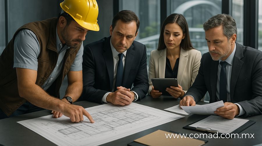 Equipo profesional revisando planos y contratos de construcción, incluyendo contratistas, inversionistas, diseñadores y asesores legales en una reunión estratégica