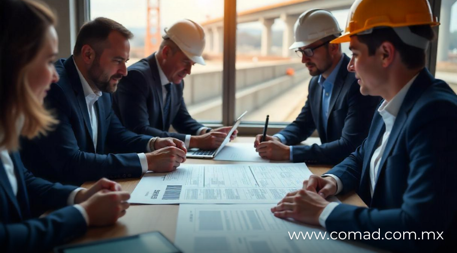 Ingenieros y abogados revisando contrato de obra pública bajo el artículo 45 de la LOPSRM en un sitio de construcción