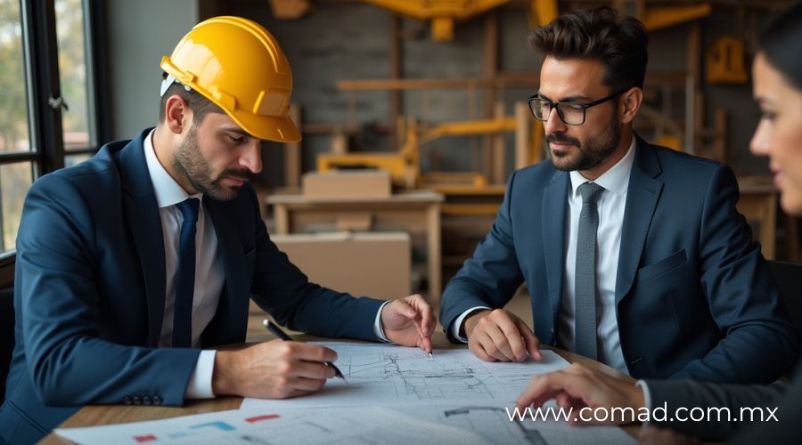 Ingenieros, abogados y representantes gubernamentales revisan planos y documentos en una sala de juntas de obra, en un ambiente de negociación y colaboración, con maquetas de construcción al fondo.