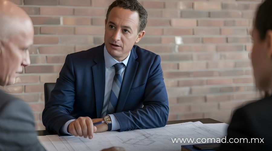 Ingenieros y abogados en sala de juntas de construcción dialogando con mediador imparcial, revisando planos y contratos para resolver disputa comercial.