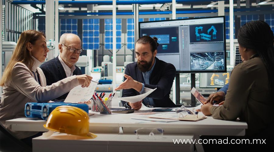 Reunión de ingenieros y abogados revisando contratos de obra en una sala de juntas, con planos y maquetas de construcción, simbolizando prevención de riesgos legales.