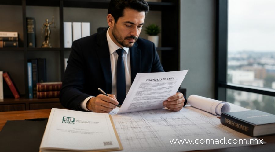abogado revisando un contrato de obra junto a documentación del IMSS y planos constructivos.