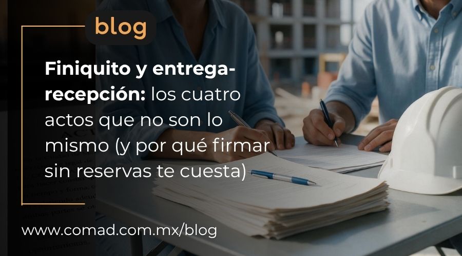 Portada del artículo de COMAD, S.C. sobre finiquito y entrega-recepción en obra pública, con el título sobre una fotografía de dos personas firmando el acta en obra junto a un casco de seguridad.