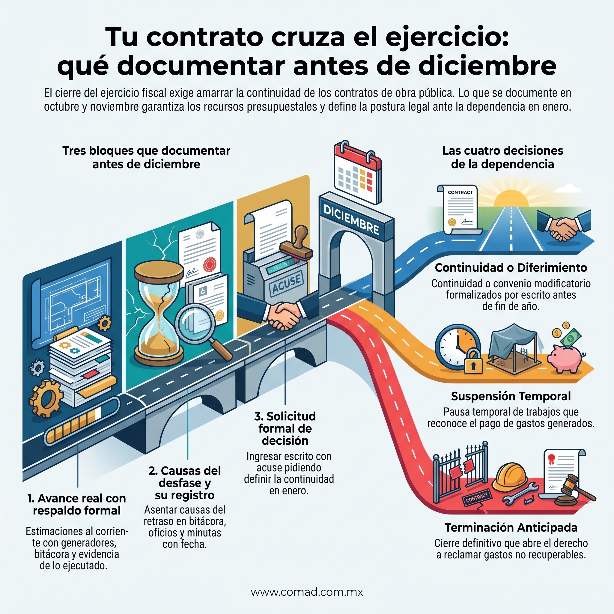 Tu contrato cruza el ejercicio: qué documentar antes de diciembre Infografía: qué documentar antes de diciembre cuando el contrato de obra pública cruza el cierre del ejercicio y las cuatro decisiones posibles de la dependencia