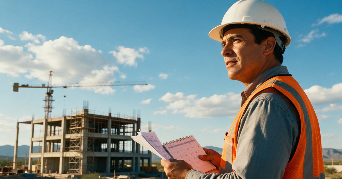 Contrato de obra pública que cruza el cierre del ejercicio Ingeniero de obra con documentos frente a una estructura de concreto a medio avance