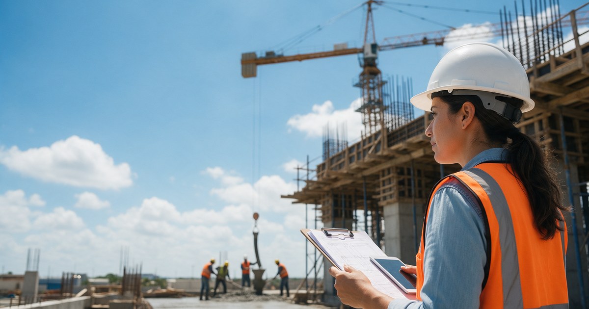 Residente de obra con casco y chaleco revisa en campo los números generadores de la estimación en una obra pública