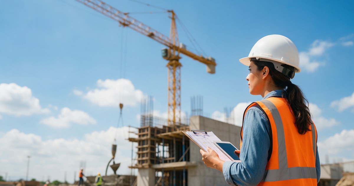 Ingeniera de obra con casco y chaleco revisa documentos de la estimación frente a una obra pública en construcción