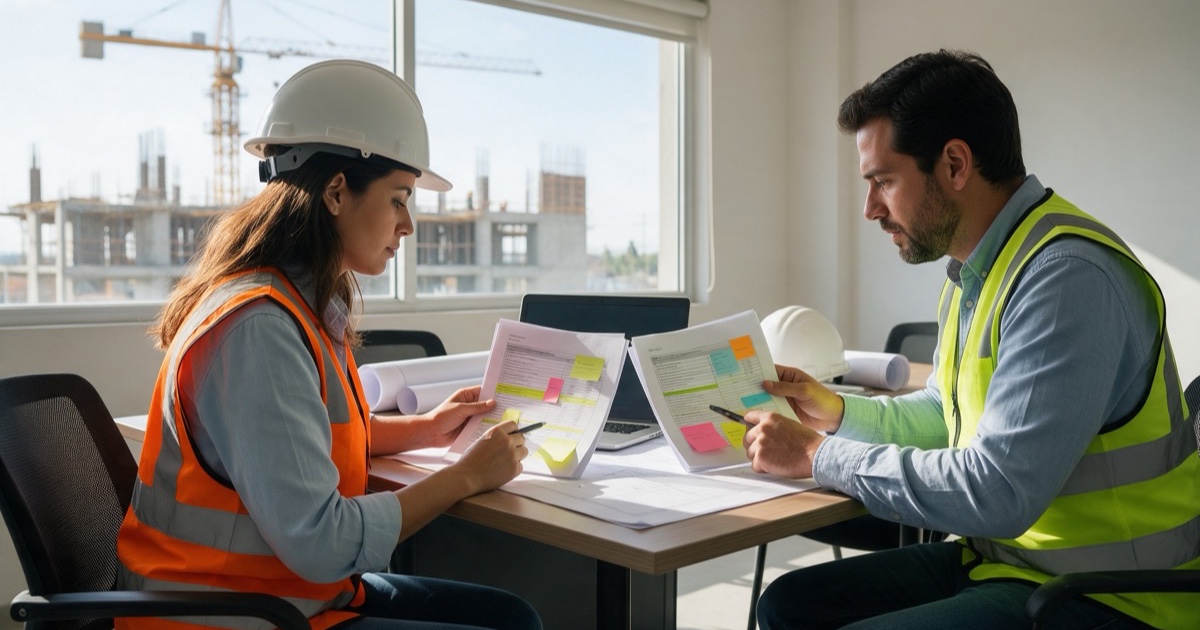 Ingeniera revisa las bases de una licitación de obra pública en el sitio de construcción
