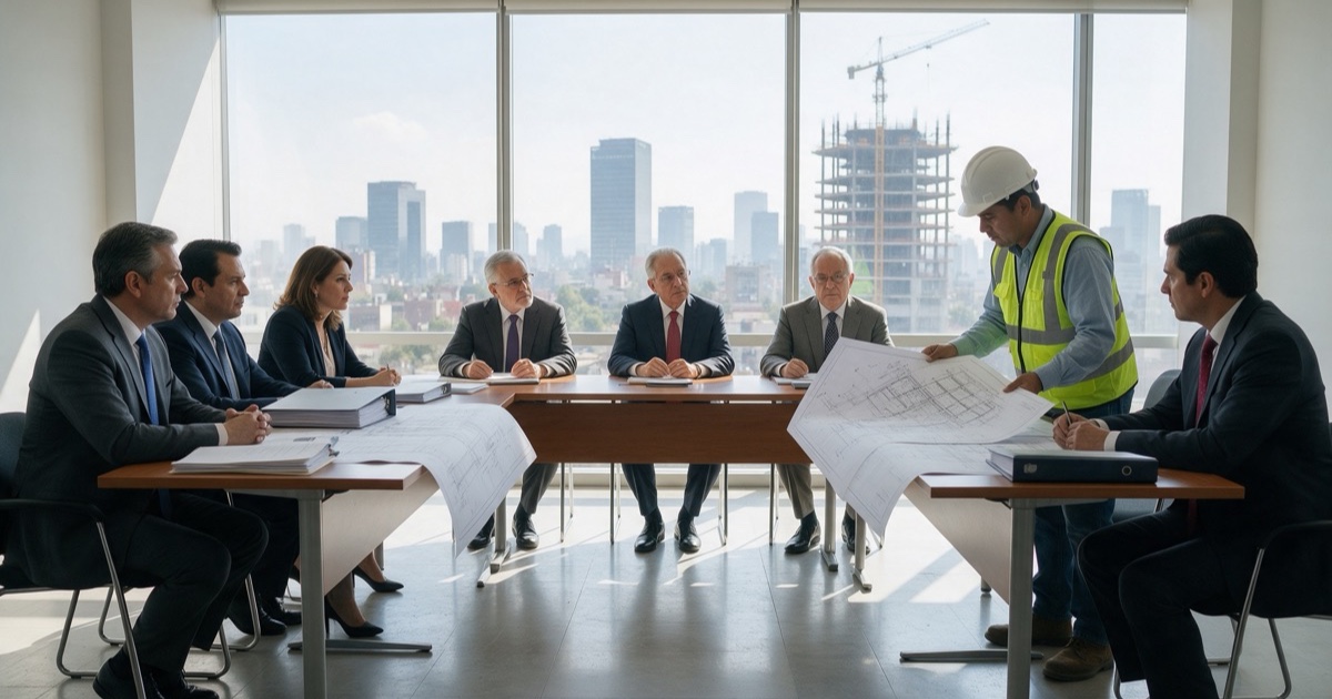 Equipo de obra revisa documentos contractuales en una mesa de trabajo junto a la construcción