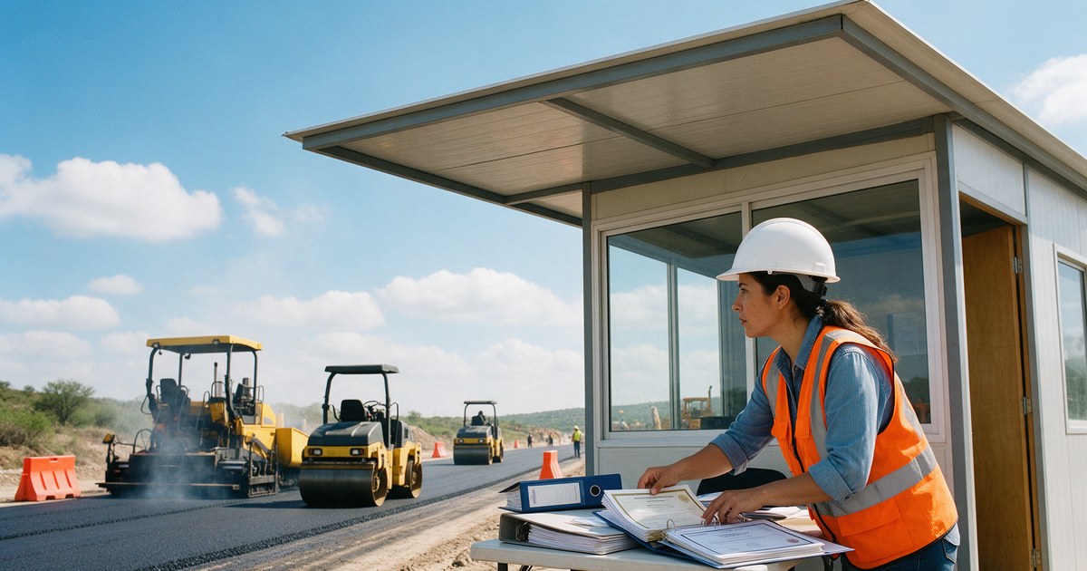 Preparar la propuesta para licitar en 2027 con la documentación lista Ingeniera de obra revisa carpetas de la propuesta en una caseta mientras avanza la pavimentación