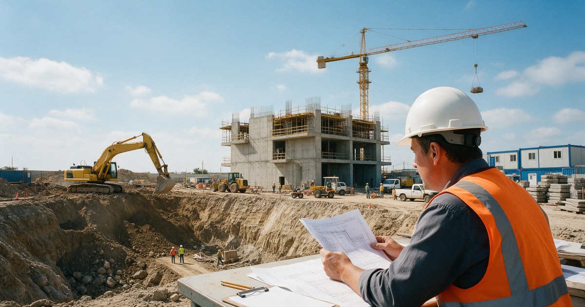 Revisión del proyecto antes de ofertar a precio alzado o a precios unitarios Ingeniero de obra con casco y chaleco revisa los planos del proyecto frente a una excavación con grúa y retroexcavadora